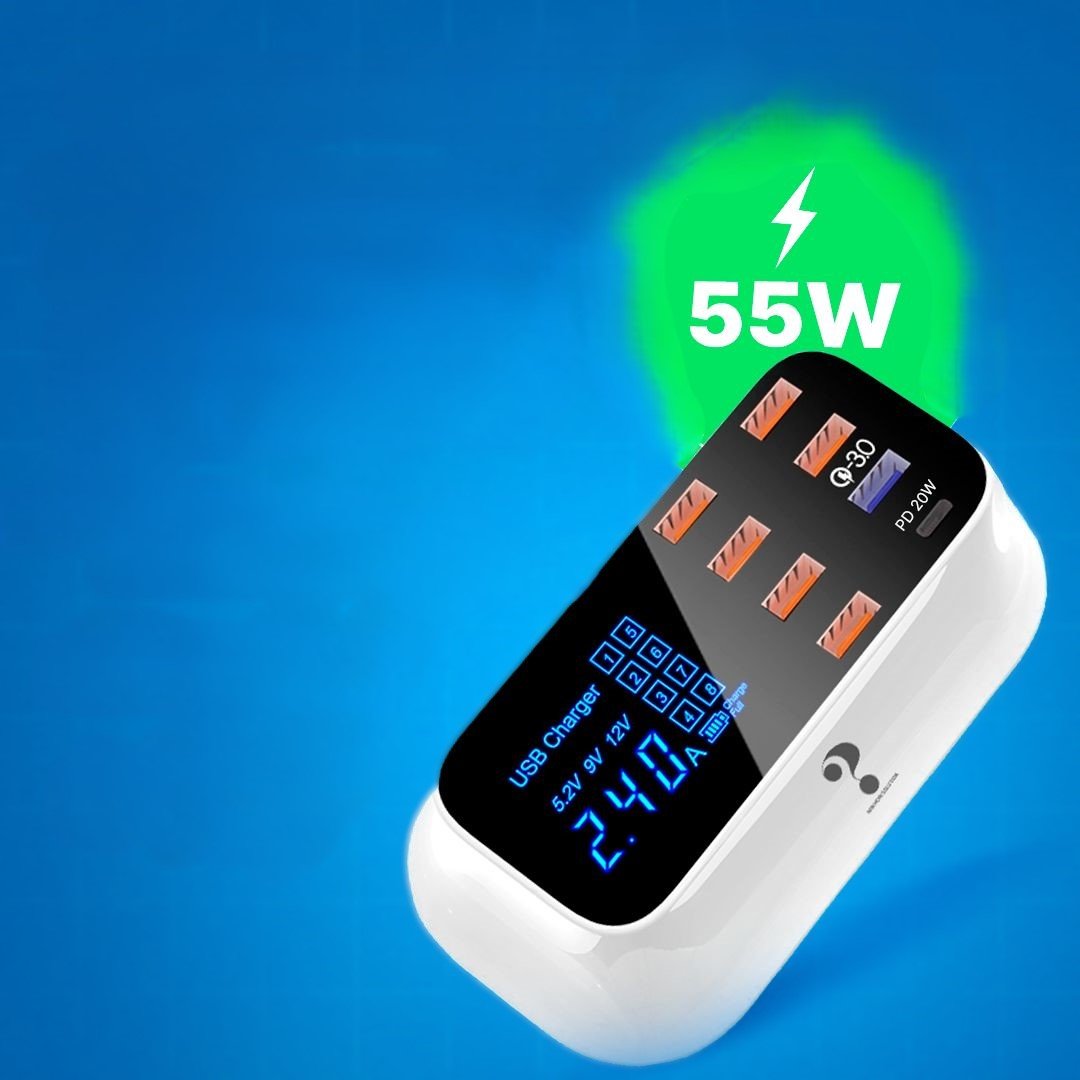 YC-CDA19Q 55W Fast Charging QC3.0 USB Type-C PD Charger Station LED Display